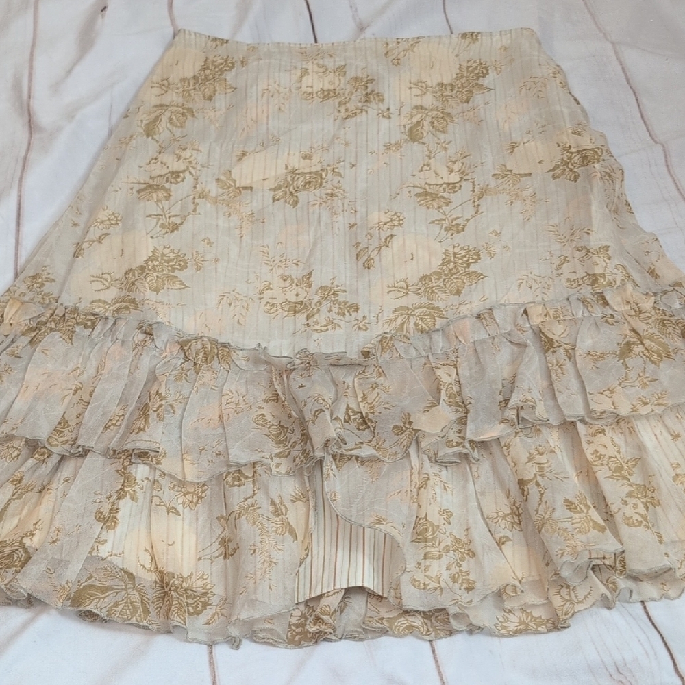 Anthropologie Blush Silk Floral Stripe Ruffle Boho Brown Peach Skirt size 10
